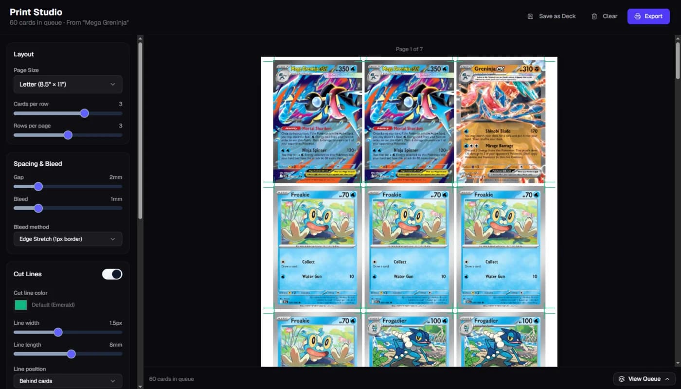 Print Studio with card layout, bleed settings, and cut lines